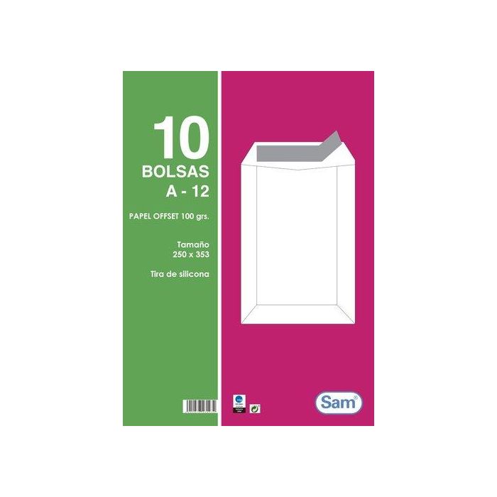 Sam Bolsas blancas con tira de silicona, papel Offset 100 g, 250x353 mm, Paquete de 10, Ref. 665108