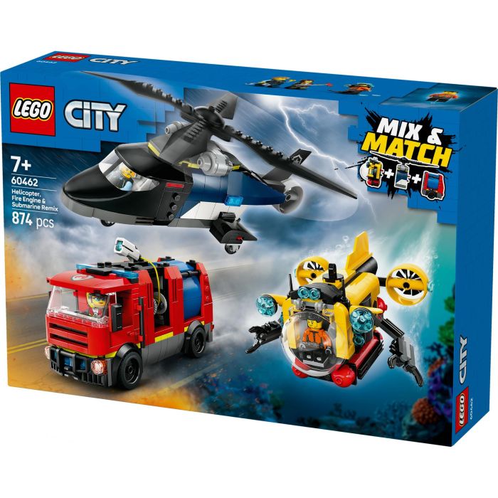 LEGO 60462 City Set de Construcción: Helicóptero, Camión de Bomberos y Submarino Modular - Juguete Infantil 7+ Años 7