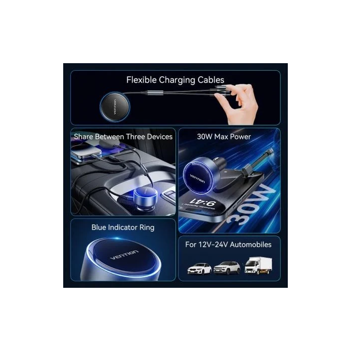 Vention FFOB0 Cargador de Coche, 1xUSB Tipo-C Macho, 1xUSB Tipo-C Hembra, 1xLightning Macho, Carga Rápida 30W 1