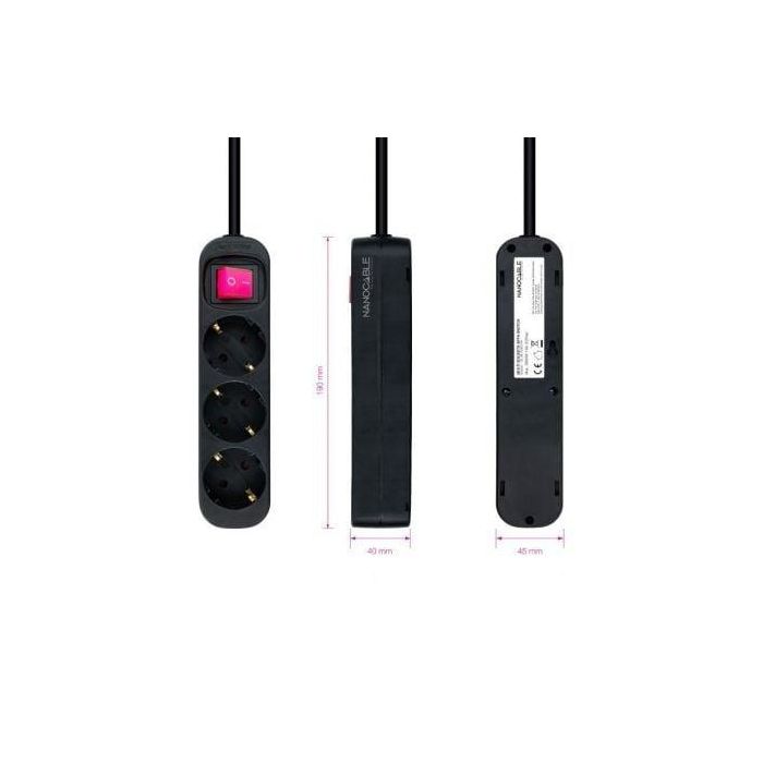 Nanocable 10.38.0003-BK Regleta de Enchufes con Interruptor, 3 Tomas de Corriente, Cable 1.4m, Negra, Protección Infantil, 3680W 2 Nanocable 10.38.0003-BK Regleta de Enchufes con Interruptor, 3 Tomas de Corriente, Cable 1.4m, Negra, Protección Infantil, 3680W 2
