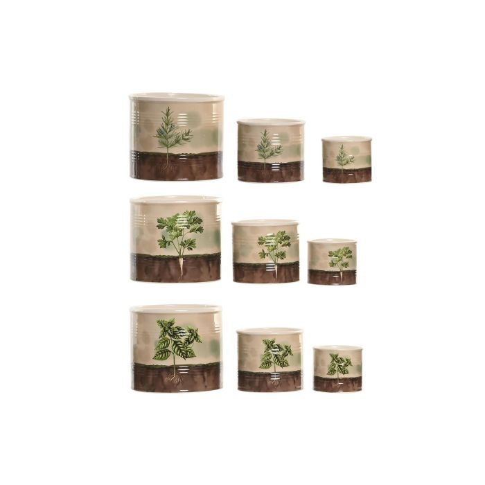 DKD Home Decor Macetero Cottage Set de 3 Verde Marron Ceramica 13.6 x 13.6 x 11.8 cm