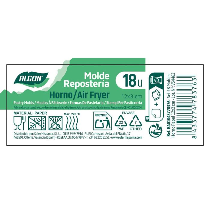 Set de 18 moldes para horno de papel 12x3 cm Algon - Inde (24 Cajas) 3 Set de 18 moldes para horno de papel 12x3 cm Algon - Inde (24 Cajas) 3