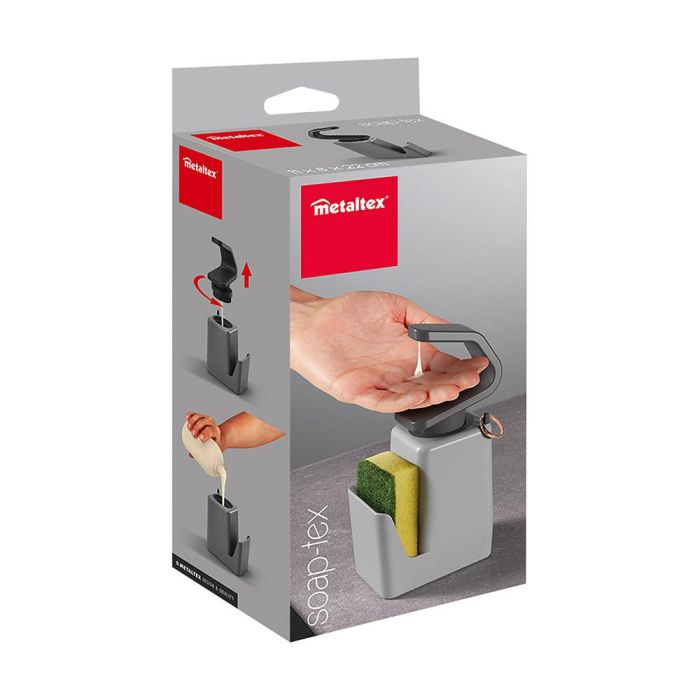 Metaltex Soap-tex Dispensador de jabón con Estropajero + Estropajo Plástico ABS Gris Antideslizante y Colgador 11x8x22 cm 5