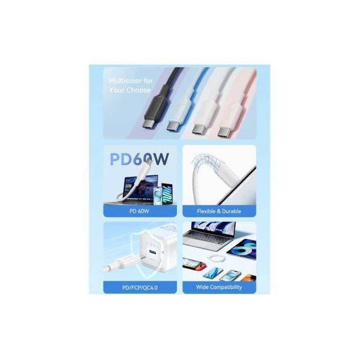 Vention TRCSF Cable USB 2.0 Tipo-C a Tipo-C Macho, 60W / 3A Carga Rápida, 480Mbps, 1 metro, Azul Niquelado 2