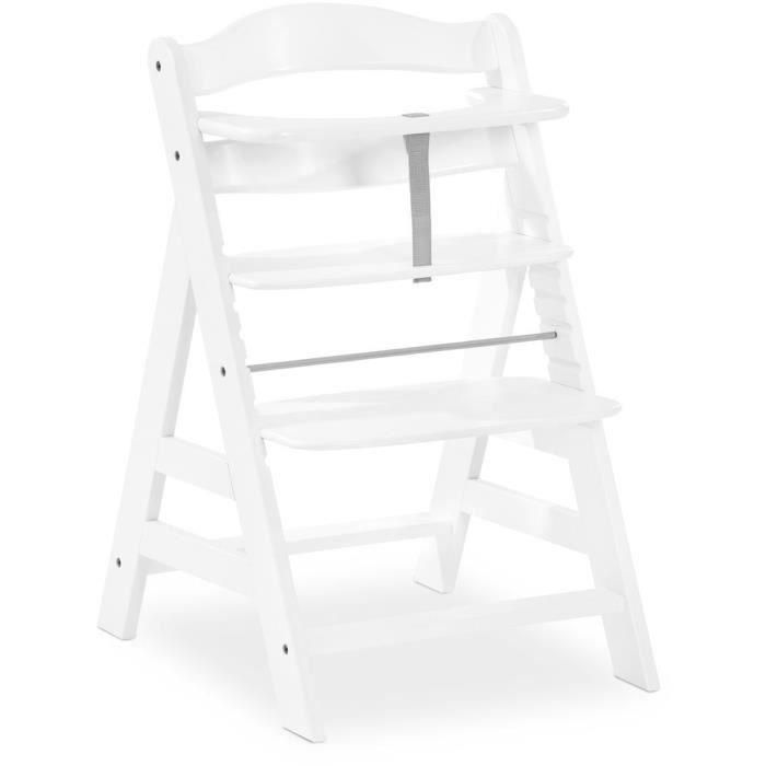 HAUCK Silla Alta de Madera Escalable Alpha+ Blanca - Asiento y Reposapiés Ajustables, Arnés de 5 Puntos, Bandeja Extraíble