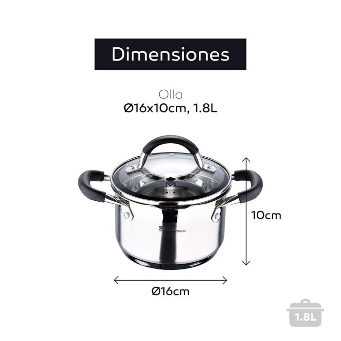 Masterpro Olla Foodies 1,8 l acero inoxidable Ø16x10 cm con tapa de vidrio y asas de silicona, apta para inducción, gas, eléctrica, vitrocerámica y halógeno Bgmp-1504-bk 5