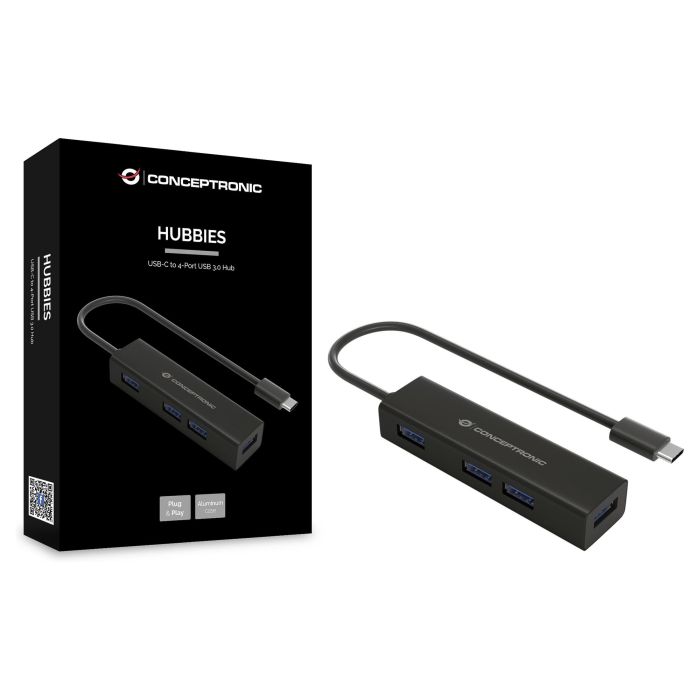 Conceptronic HUBBIES07B Hub USB Tipo C con 4 Puertos USB 3.0 de Aluminio Negro 1