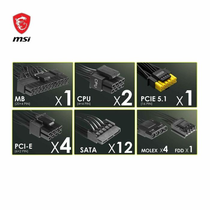 Fuente de Alimentación MSI 306-7ZP9B11-CE0 1000 W ATX 80 Plus Gold 5 Fuente de Alimentación MSI 306-7ZP9B11-CE0 1000 W ATX 80 Plus Gold 5