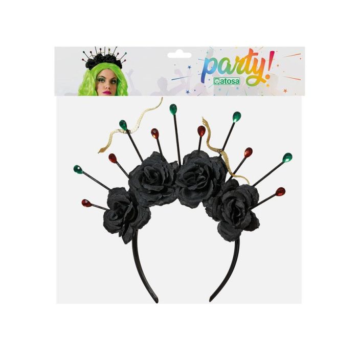 Diadema Corona Negra con Rosas y Alfileres de Colores para Halloween, Cosplay y Fiestas Temáticas 1