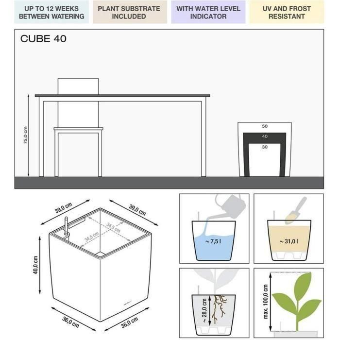 Maceta LECHUZA Cube Premium 40 - juego completo, negro brillante 1