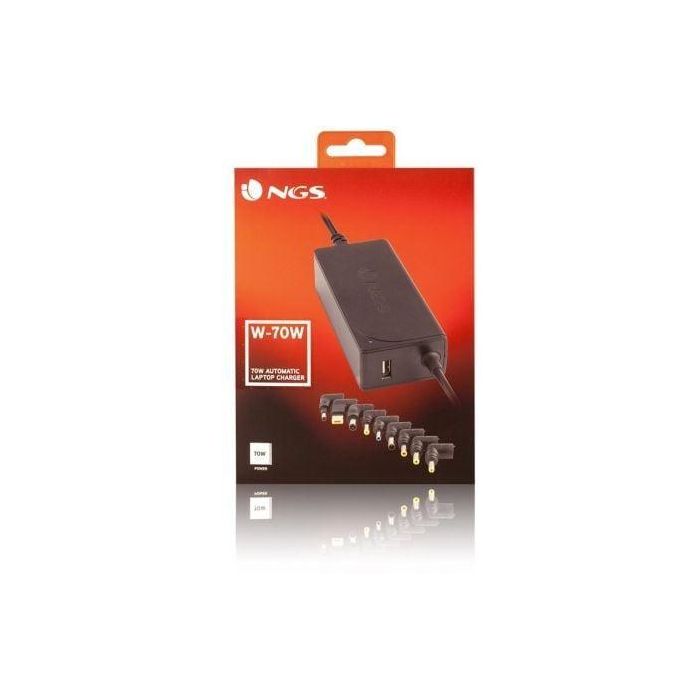 Cargador de Portátil NGS W-70W/ 70W/ Automático/ 9 Conectores/ Voltaje 18.5-20V/ 1 USB 1 Cargador de Portátil NGS W-70W/ 70W/ Automático/ 9 Conectores/ Voltaje 18.5-20V/ 1 USB 1