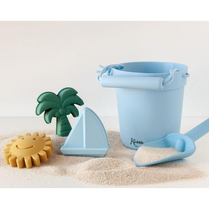 KioKids Set Juego de Playa 100% Silicona Azul de 5 Piezas (Cubo, Pala, 3 Moldes) para Niños +18 Meses Suave y Seguro