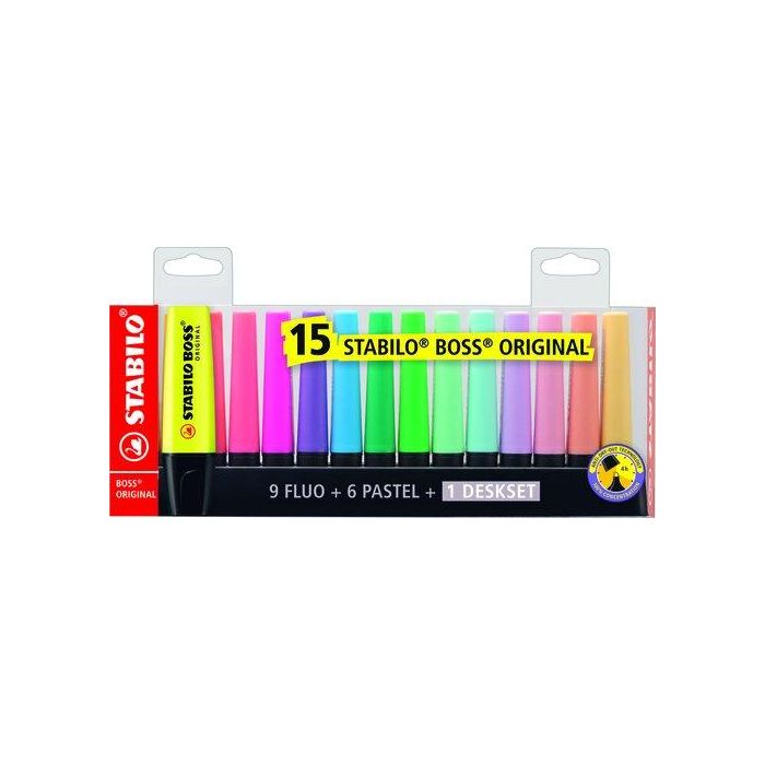 Stabilo Marcador Fluorescente Boss Original - Set de 15 (9 Fluorescentes y 6 Pastel) - Tecnología Antisecado
