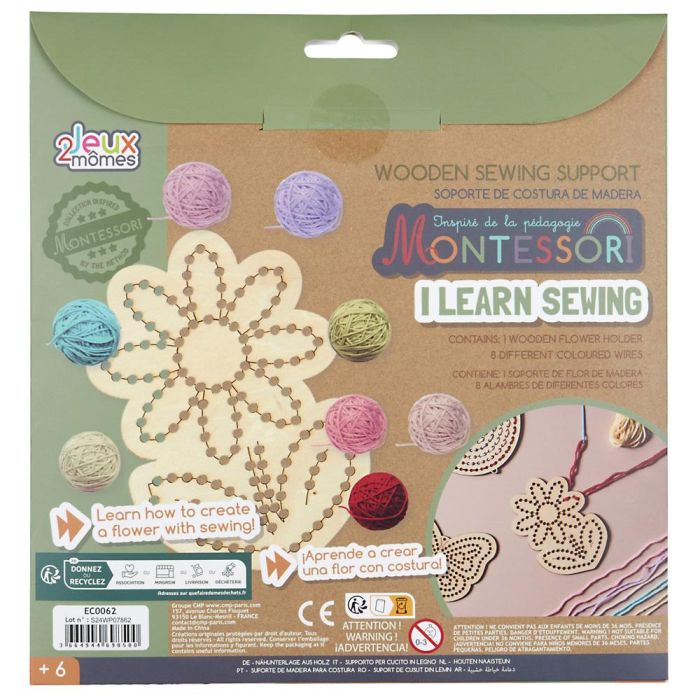 Jeux 2 momes Juego Aprende Costura Montessori con Soporte de Madera y 8 Ovillos de Colores