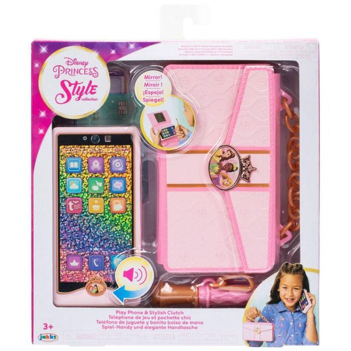 JAKKS PACIFIC Princesas Disney: Set Bolso y Teléfono Móvil de Juguete con 7 Sonidos y Luz, +3 años