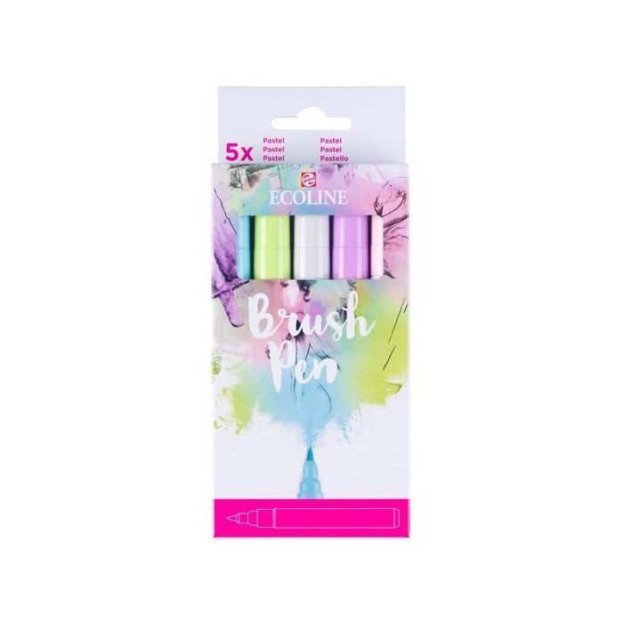 Talens Ecoline Rotuladores Brush Pen Punta Pincel Flexible Surtido Tonos Pastel Estuche 5 Unidades para Acuarela y Caligrafía