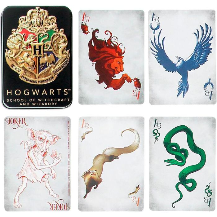Wondee Barajas de Cartas Harry Potter Poker de Hogwarts con 54 Cartas Inspiradas en las 4 Casas Gryffindor, Hufflepuff, Ravenclaw, Slytherin en Lata Metálica