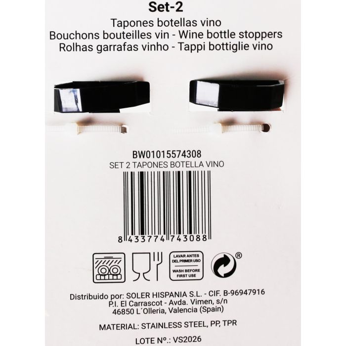 Wooow Set de 2 Tapones para Botella de Vino, Plástico Reutilizable, Accesorios para Hostelería, 10 x 3 x 15,5 cm (24 Cajas) 3