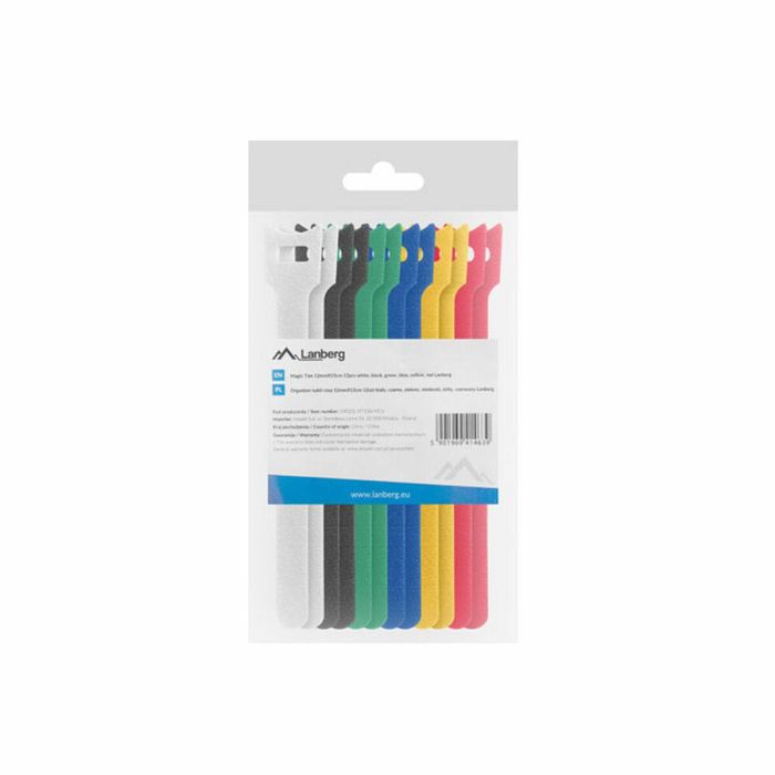 Lanberg Tiras Velcro Pack 12 Unidades - Organizador de Cables, 12 mm x 15 cm, Negro/Blanco/Azul/Verde/Amarillo/Rojo, Velcro