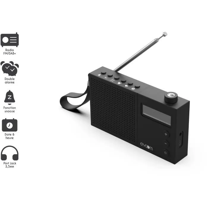 Evoom EVO3700527312200 Radio Despertador Negro - Radio FM y DAB+, 2 Alarmas, Batería/USB 1 Evoom EVO3700527312200 Radio Despertador Negro - Radio FM y DAB+, 2 Alarmas, Batería/USB 1
