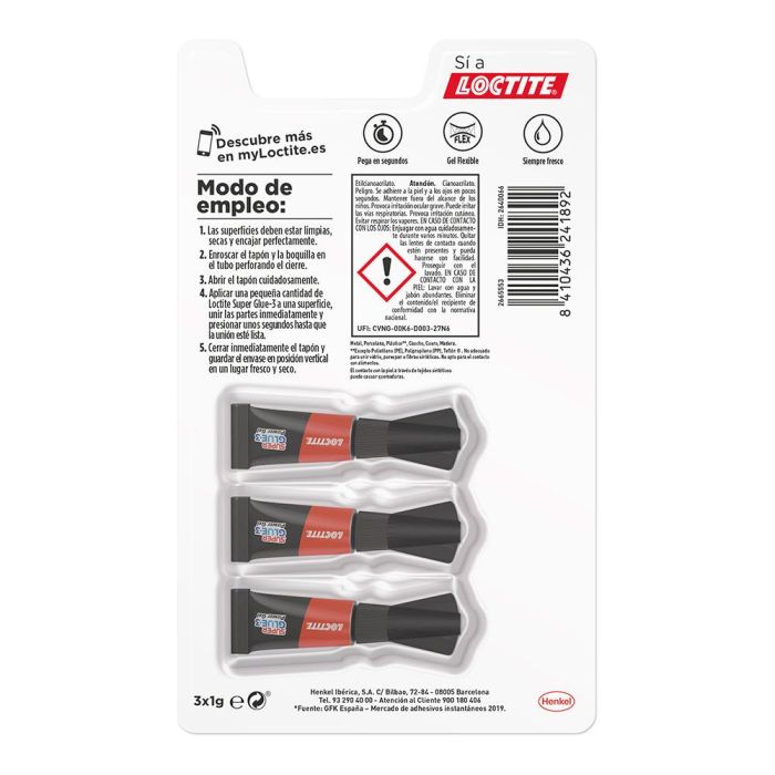Loctite Super Glue-3 Power Gel Adhesivo Instantáneo Flexible Multiuso 1 gr Blister 3 Unidades 1