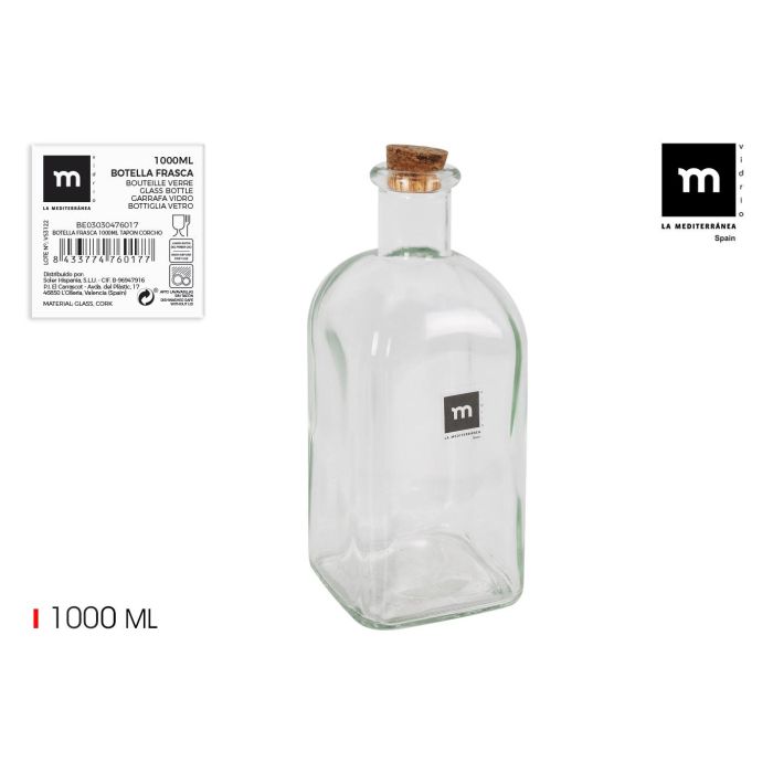 Botella Frasca 1000 ml con tapón de corcho - La Mediterranea (12 Unidades) Botella Frasca 1000 ml con tapón de corcho - La Mediterranea (12 Unidades)