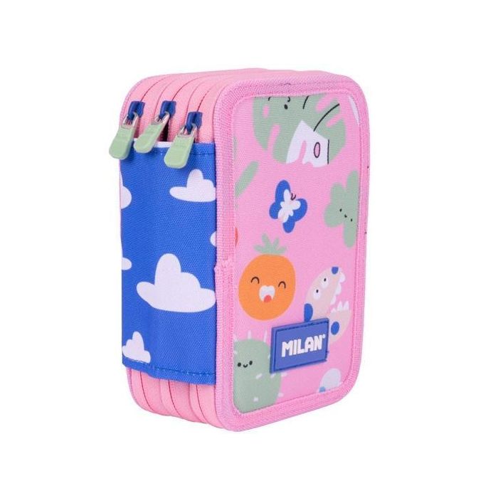 Milan Plumier Serie Especial Green & Grow 3 Pisos con 49 Piezas de Contenido Escolar Completo Rosa y Verde
