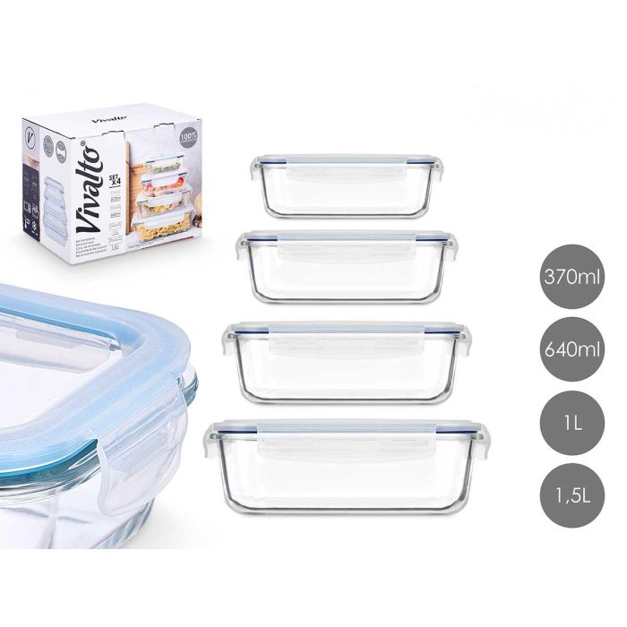 Set 4 Fiambreras Borosilic Rec 370 640 1000 1500Ml Vivalto 26X22CM (4 Unidades) Set 4 Fiambreras Borosilic Rec 370 640 1000 1500Ml Vivalto 26X22CM (4 Unidades)