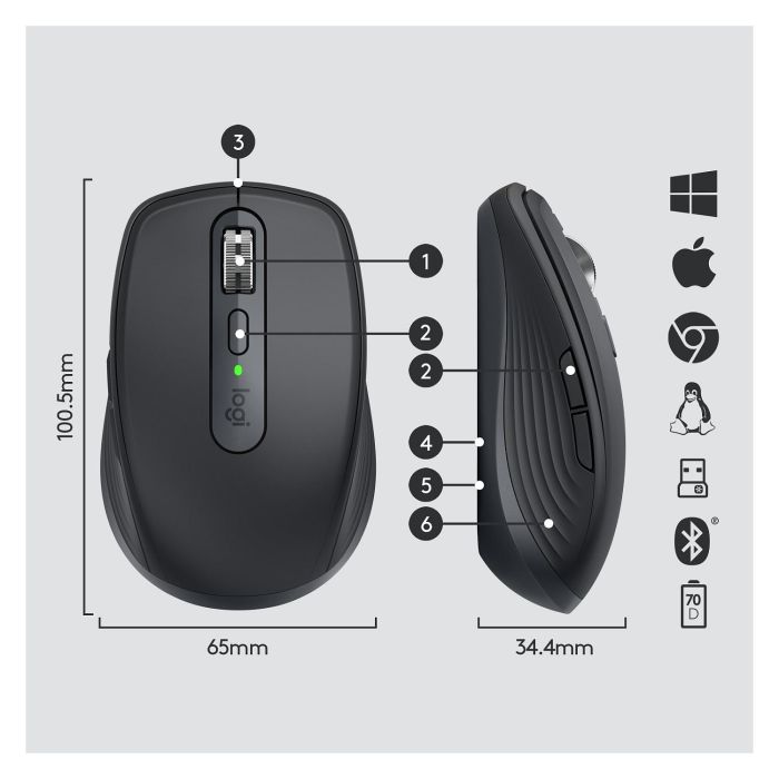 Logitech Ratón MX Anywhere 3 Inalámbrico RF + Bluetooth 4000 DPI Grafito 5 Logitech Ratón MX Anywhere 3 Inalámbrico RF + Bluetooth 4000 DPI Grafito 5