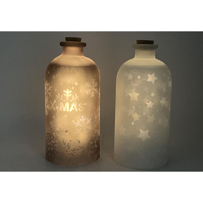 DKD Home Decor Decoración Luminosa Navidad Moderna, Bote de Cristal con LED, Blanco Marrón, 11x11x25 cm, Pack de 2, Funciona con Pilas AA 1