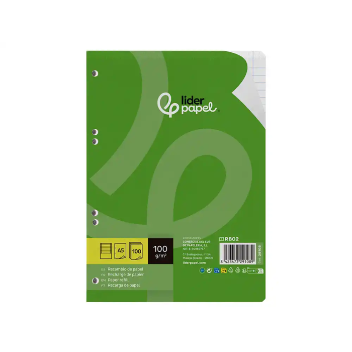 Liderpapel Recambio A5 100 Hojas 100gr Horizontal Doble Margen 6 Taladros 1