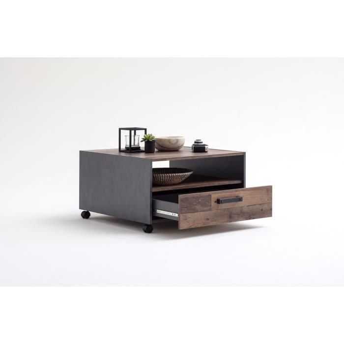 Mesa de centro cuadrada - Tablero de partículas - Madera envejecida y decoración gris - Doble tapa - 1 cajón - L70 x D70 x H40 cm 3 Mesa de centro cuadrada - Tablero de partículas - Madera envejecida y decoración gris - Doble tapa - 1 cajón - L70 x D70 x H40 cm 3