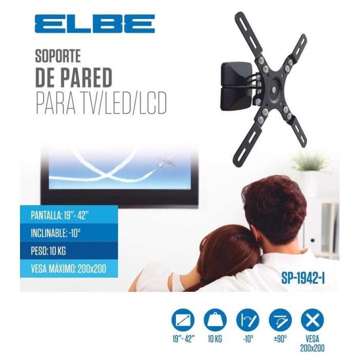 Elbe SP-1942-I Soporte Pared Inclinable para TV 19'-42' Hasta 10KG, Compatible VESA, Inclinación 10º, Giro 90º 1 Elbe SP-1942-I Soporte Pared Inclinable para TV 19'-42' Hasta 10KG, Compatible VESA, Inclinación 10º, Giro 90º 1