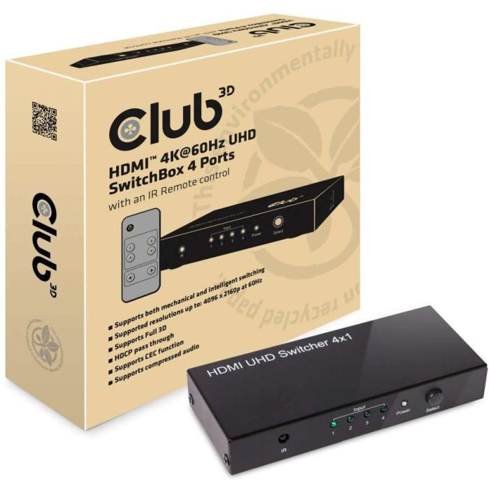Club3D HDMI Switch Box 4 Entradas 1 Salida 4K Ultra HD 60Hz compatible con HDMI 2.0a, HDCP, con mando a distancia 1 Club3D HDMI Switch Box 4 Entradas 1 Salida 4K Ultra HD 60Hz compatible con HDMI 2.0a, HDCP, con mando a distancia 1