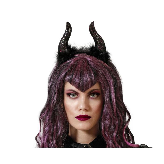 Diadema De Cuernos Negros Con Peluca Larga Violeta Para Disfraz De Diabla