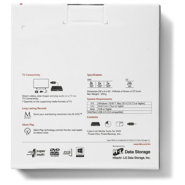 LG GH24NSD1 Grabadora DVD Externa USB 2.0 8x M-DISC Silent Play Super Multi Windows 10 Mac OS Negra