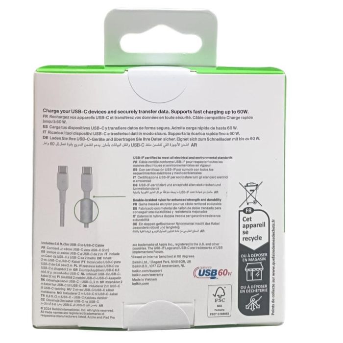 Belkin BoostCharge Cable USB-C a USB-C Trenzado de Nylon 2m Blanco, Entrega de Energía 60W 2 Belkin BoostCharge Cable USB-C a USB-C Trenzado de Nylon 2m Blanco, Entrega de Energía 60W 2