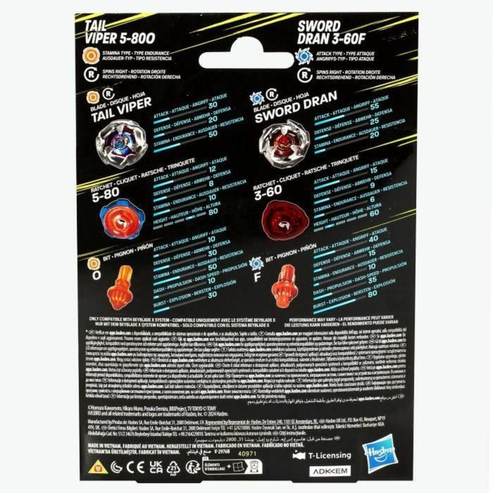 Hasbro Sword Dran 3-60F Tail Viper 5-800 Beyblade X - Juego de Doble Pack de Tops, personalizable, 2 unidades 1 Hasbro Sword Dran 3-60F Tail Viper 5-800 Beyblade X - Juego de Doble Pack de Tops, personalizable, 2 unidades 1