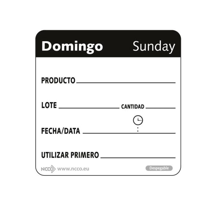 NCCO SRIDU2207 - Rollo de 500 etiquetas - "DOMINGO" - 5 x 5 cm - Blanco y negro - Venta 1 unidad.