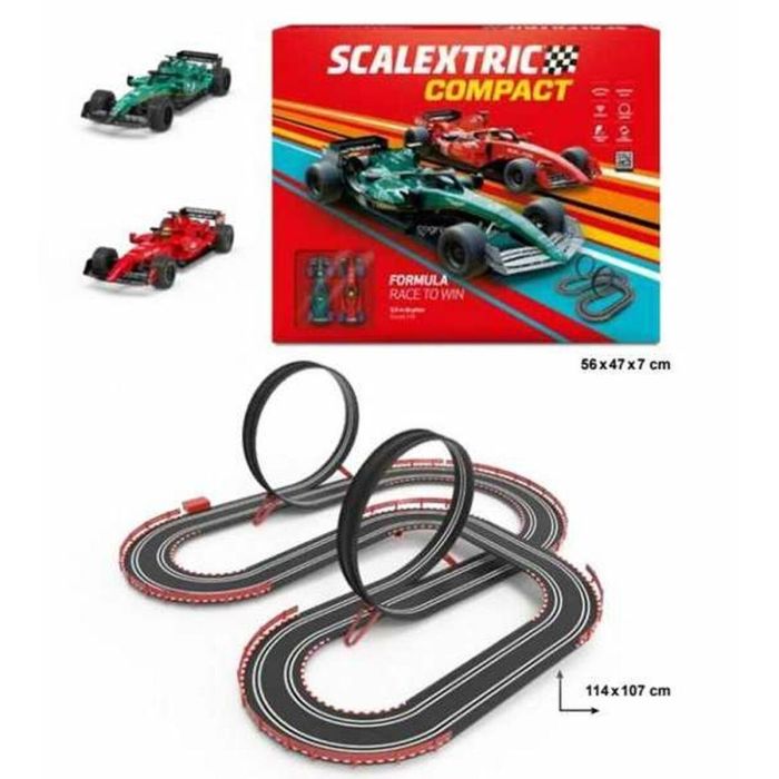 Pista scalextric compac fórmula race to win. incluye coches,mando con turbo,vallas,puente,rampa y looping.5,6 metros de pista 114x107 cm 1 Pista scalextric compac fórmula race to win. incluye coches,mando con turbo,vallas,puente,rampa y looping.5,6 metros de pista 114x107 cm 1