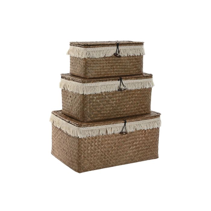 Cesta Boho DKD Home Decor Natural Blanco 23 x 17 x 35 cm Set de 3 3