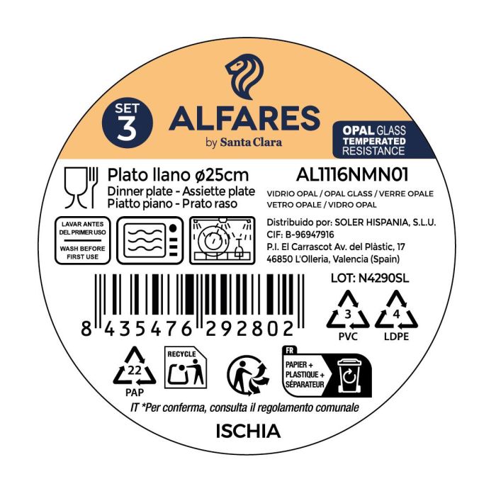 Inde Set de 3 Platos Llanos Ischia, Vidrio Opal Negro, Diámetro 25.3 cm (4 Cajas) Inde Set de 3 Platos Llanos Ischia, Vidrio Opal Negro, Diámetro 25.3 cm (4 Cajas)