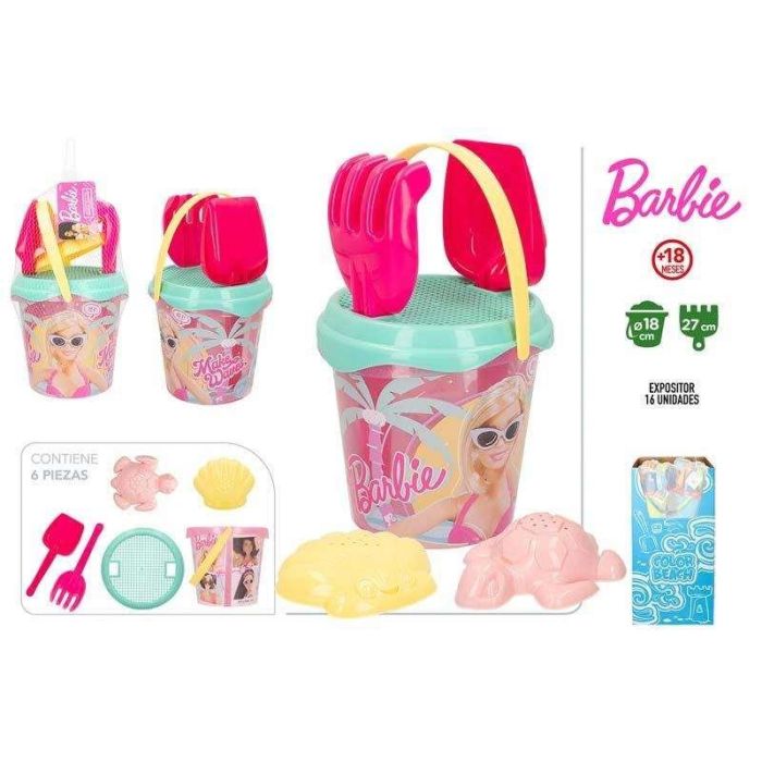 Cubo de playa barbie 18 cm con pala, rastrillo, cedazo y 2 moldes en red Cubo de playa barbie 18 cm con pala, rastrillo, cedazo y 2 moldes en red