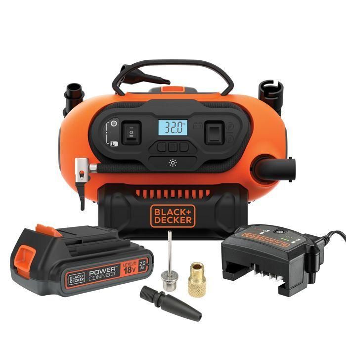 BLACK + DECKER BDCINF18N-QS Inflador-Compresor con o sin cable - Batería de 18 V / Cable de 220 V - 11 Barras / 160 PSI - 3 Agujas BLACK + DECKER BDCINF18N-QS Inflador-Compresor con o sin cable - Batería de 18 V / Cable de 220 V - 11 Barras / 160 PSI - 3 Agujas