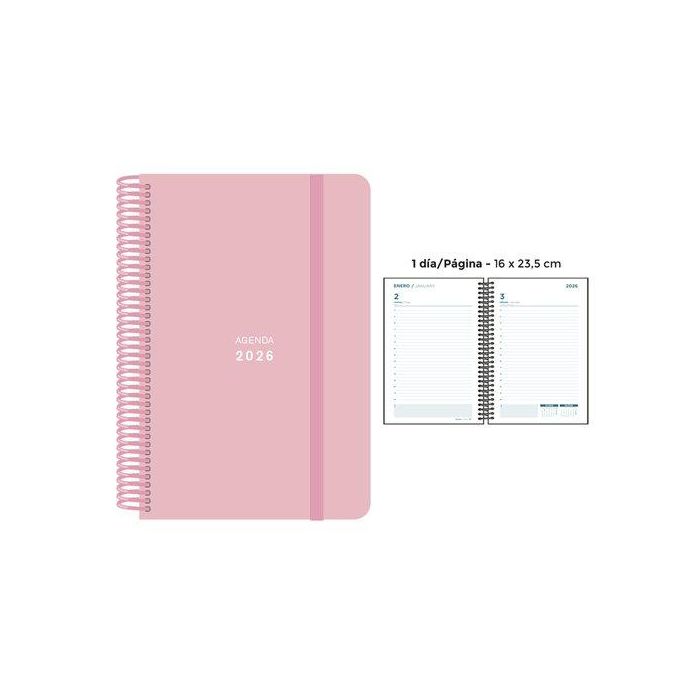 Agenda Anual (2026) Senfort Pastel Espiral Tapa Pp Con Goma 160X235 D/P Rosa