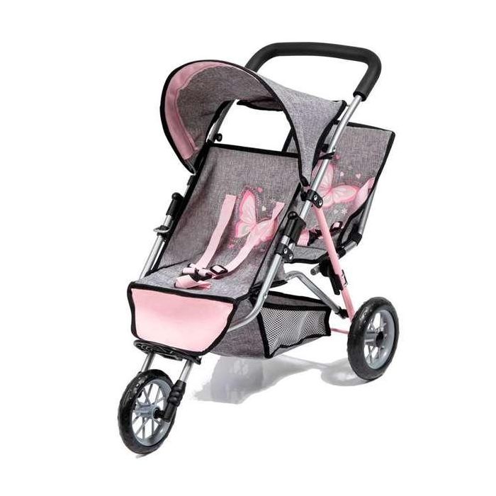 Reig Coche de Muñeca Gemelar Jogger 3 Ruedas Gris/Rosa 67x53.50x33 cm
