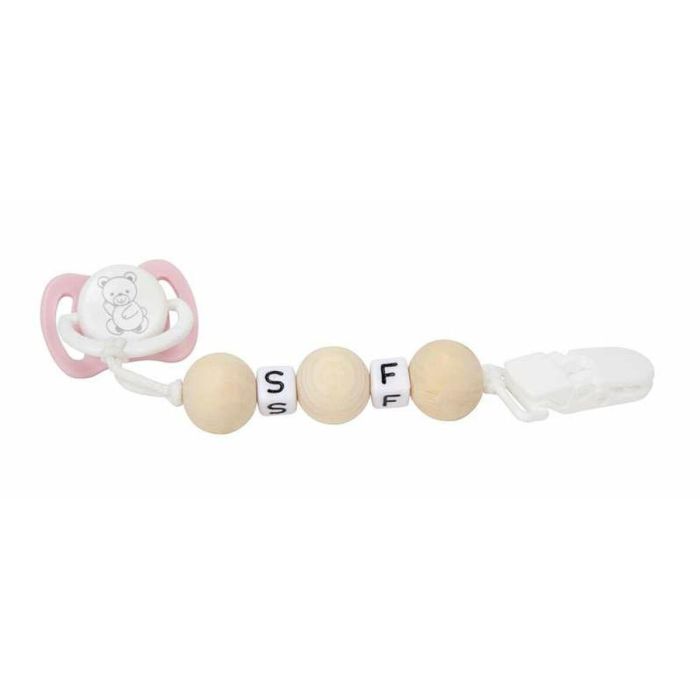 Set chupete rosa/blanco c/cadena de bolas de madera y pinza blanca 1