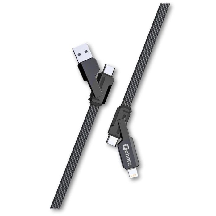 Qcharx international Cable Multicabezal USB A, Tipo C, Lightning - Carga Rápida 60W, Nylon Negro 1m