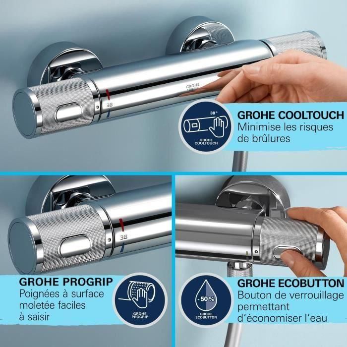 Set de ducha con mezclador termostático, rociador de 3 chorros, barra de 60 cm y flexo - GROHE 34791001 - Ahorro de agua - Cromo 4