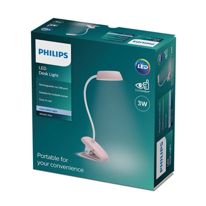 Philips Flexo Pinza LED 3W 4000K Rosa 175 lm con Batería de Litio y Cable USB 3 Philips Flexo Pinza LED 3W 4000K Rosa 175 lm con Batería de Litio y Cable USB 3